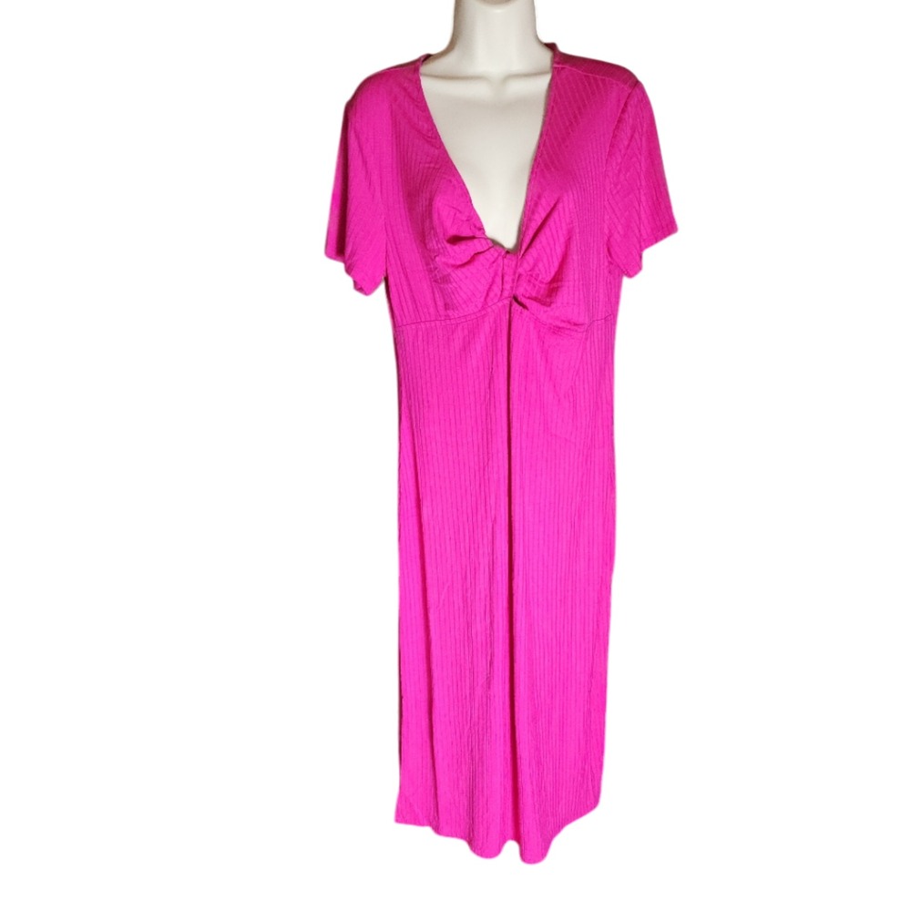 A New Day Women XL Pink Midi Dress Short Sleeve Keyhole Knit Bodycon NWT